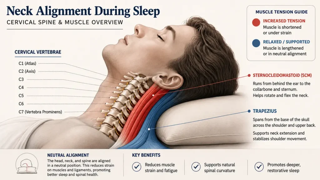 Structural illustration of neck alignment during sleep demonstrating how a neutral posture regulates muscle tension, with labels pointing to the seven cervical vertebrae, sternocleidomastoid, and trapezius muscle pathways.