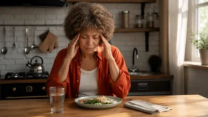 Mature woman sitting at a sunlit kitchen table rubbing her temples to cope with sudden afternoon fatigue and a post-meal glucose shift.
