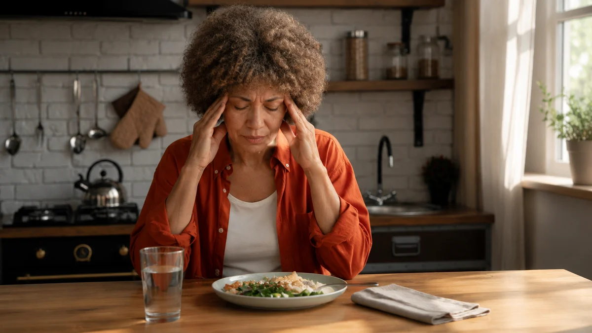 Mature woman sitting at a sunlit kitchen table rubbing her temples to cope with sudden afternoon fatigue and a post-meal glucose shift.
