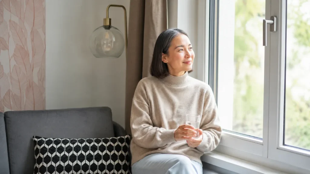 Mature East Asian woman sitting by a window with a glass of water to thoughtfully evaluate afternoon concentration problems.