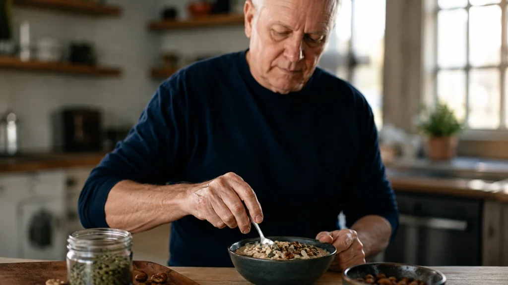 Mature man stirring nuts and seeds into his morning oatmeal to extend steady energy and prevent afternoon hunger.