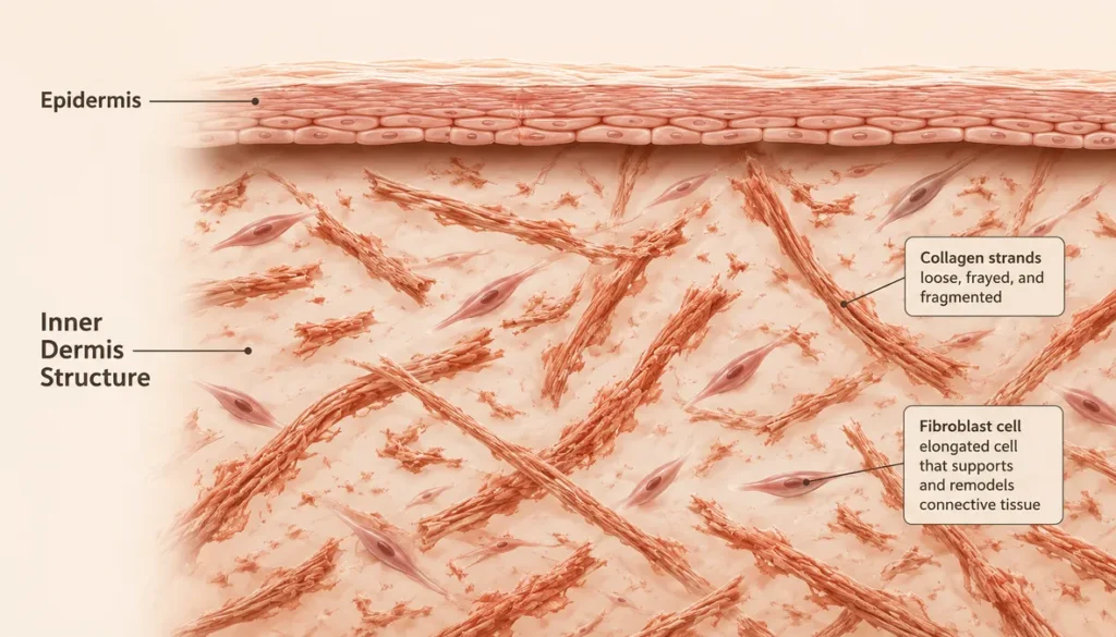 Cross-sectional anatomical diagram of dermal collagen structure demonstrating how aging degrades deep tissue integrity, with clean callout text blocks highlighting the outer epidermis, fragmented collagen strands, and elongated fibroblast cells supporting connective tissue.