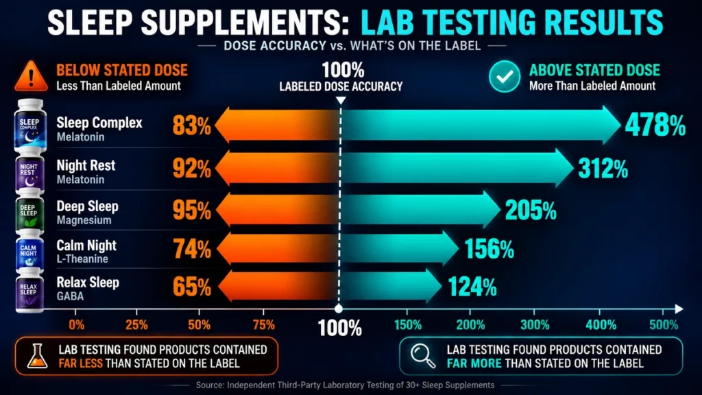 Sleep supplement bar chart comparing label accuracy, demonstrating severe volatility ranging from 83% below to 478% above stated doses.