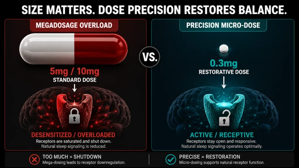 Dose comparison diagram demonstrating melatonin receptor desensitization from megadoses versus active restoration from a precise micro-dose.