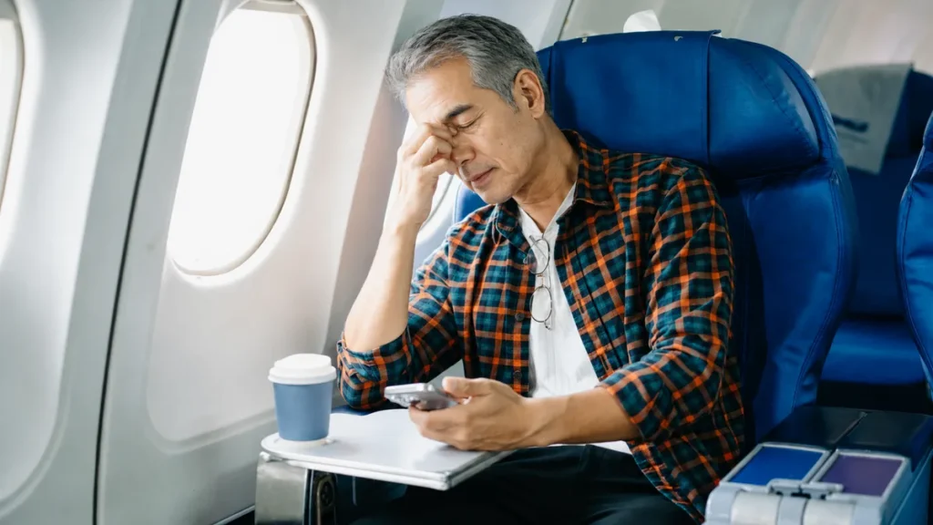 Mature male traveler on an airplane rubbing his eyes with fatigue while holding a phone to manage jet lag and circadian sleep disruptions.