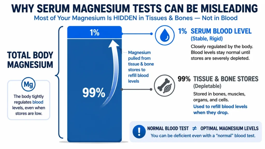 Diagram comparing serum magnesium levels to intracellular stores, illustrating why blood tests may miss deficiency.
