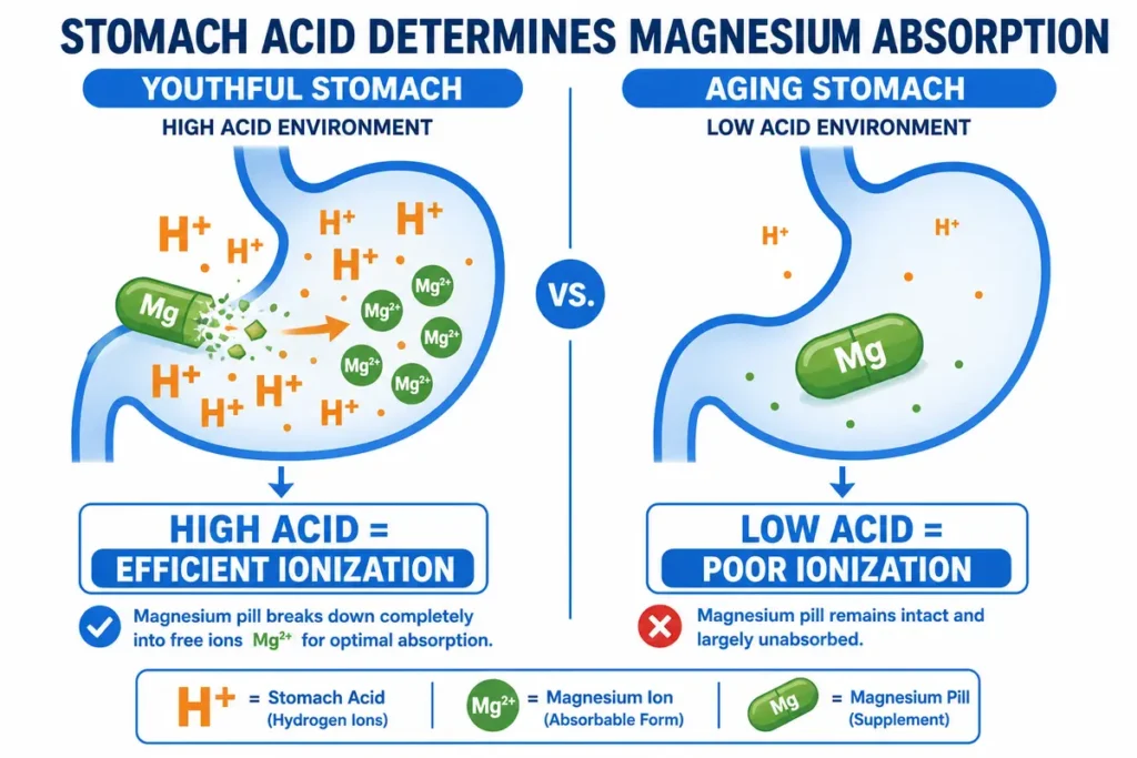 Diagram of stomach acid decline and its impact on mineral breakdown, showing how reduced acidity limits magnesium availability.