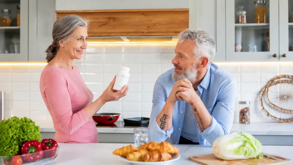 Confident mature couple discussing supplement choices in a sunlit kitchen.
