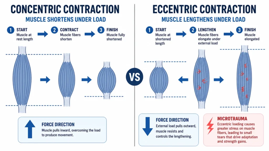 Split diagram of concentric versus eccentric muscle contractions demonstrating how lengthening under load causes quiet structural microtrauma, with bold text labels and directional force arrows.