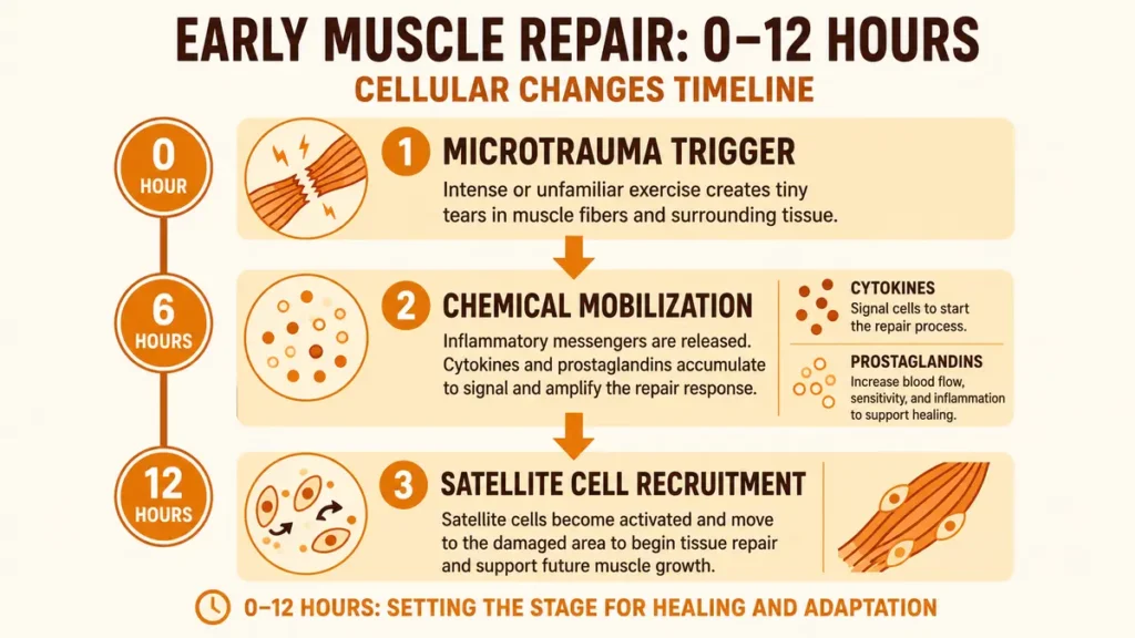 Vertical flow timeline of the first twelve hours post-workout demonstrating chemical accumulation inside tissue, with arrows pointing from cellular microtrauma to cytokine and prostaglandin release.