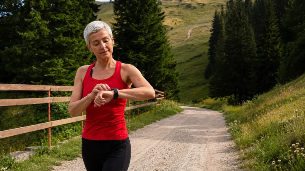 Fit mature woman checking her smartwatch on a sunlit trail to track her pacing and manage delayed muscle soreness.