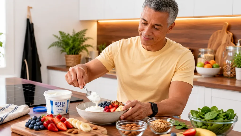 Mature man layering sliced fruit and thick Greek yogurt into a ceramic bowl to optimize his post-workout nutrient window.