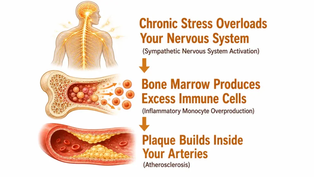 Vertical flow medical illustration of the chronic stress-to-atherosclerosis pathway demonstrating how nervous system overload stimulates excess inflammatory cell production in bone marrow that accumulates as arterial plaque, with anatomical illustrations of the spine, bone cross-section, and constricted artery stacked top to bottom.