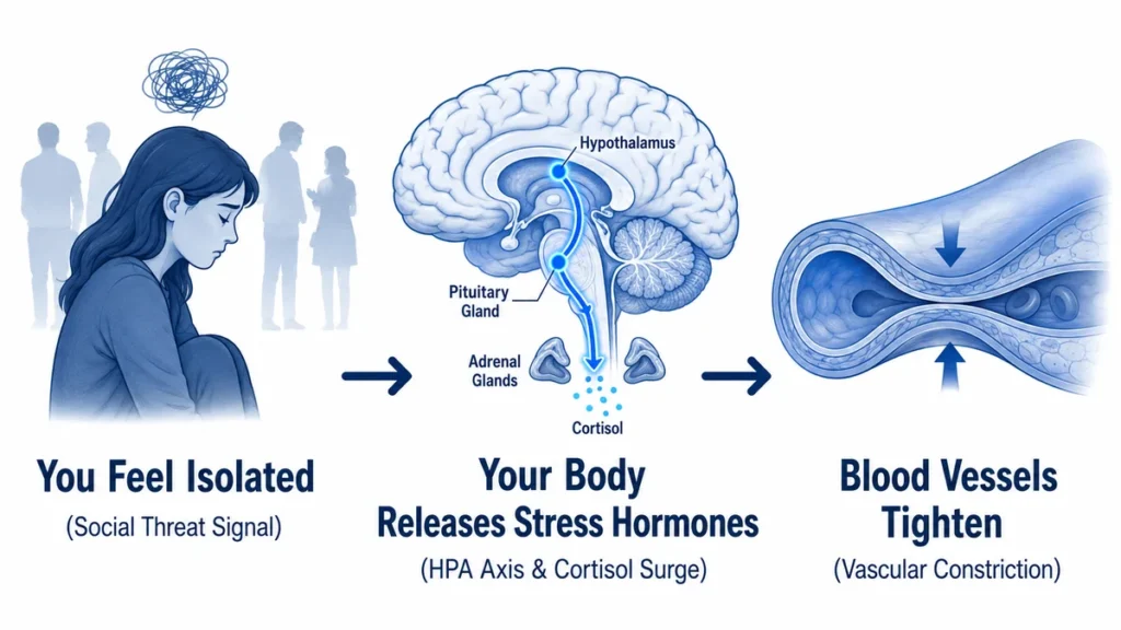Three-stage illustrated process diagram of the HPA axis stress response demonstrating how perceived social isolation triggers cortisol release and leads to vascular constriction, with anatomical cross-sections of the brain and blood vessel connected by thick left-to-right directional arrows.