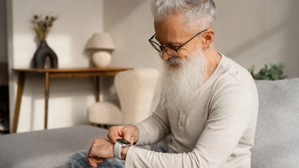 Older man with a white beard checking his smartwatch while wearing plaid pajamas to monitor morning sleep data patterns.