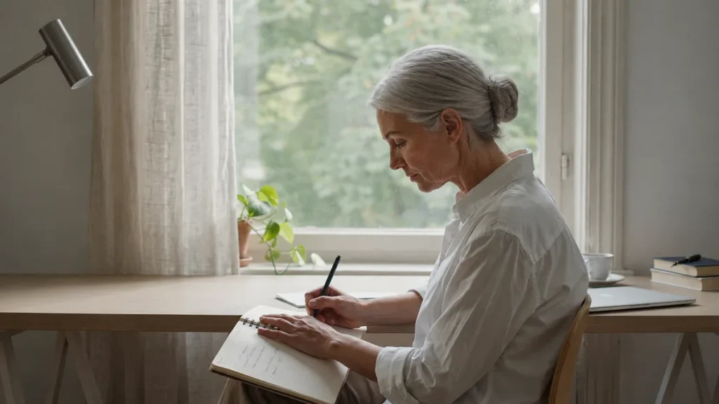 Focused senior woman writing in a lined notebook at a sunlit wooden desk to document daily health observations.