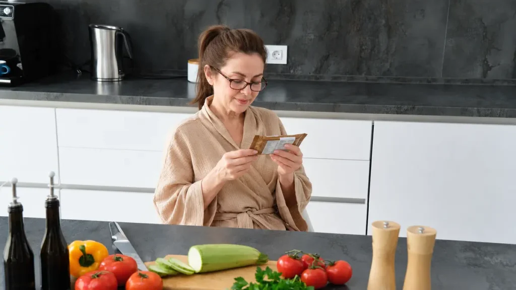 Mature woman wearing glasses reads the ingredient list on a snack bar wrapper at a kitchen counter to check for hidden inulin.