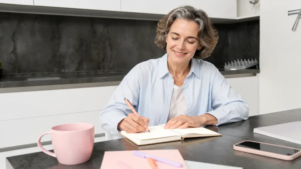 Middle-aged woman smiling while writing in a food journal at her kitchen counter with a pink mug nearby.