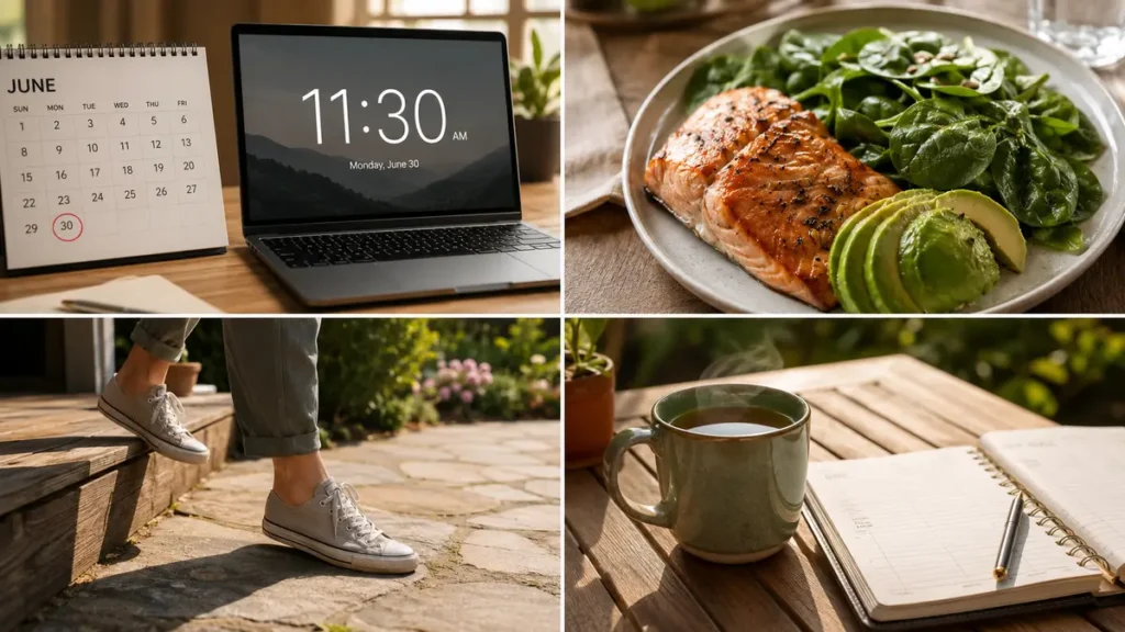 Four-panel lifestyle collage demonstrating a morning protocol including an eleven-thirty AM work cutoff, a low-carb salmon meal, stepping outside in sneakers, and an open journal under natural daylight.