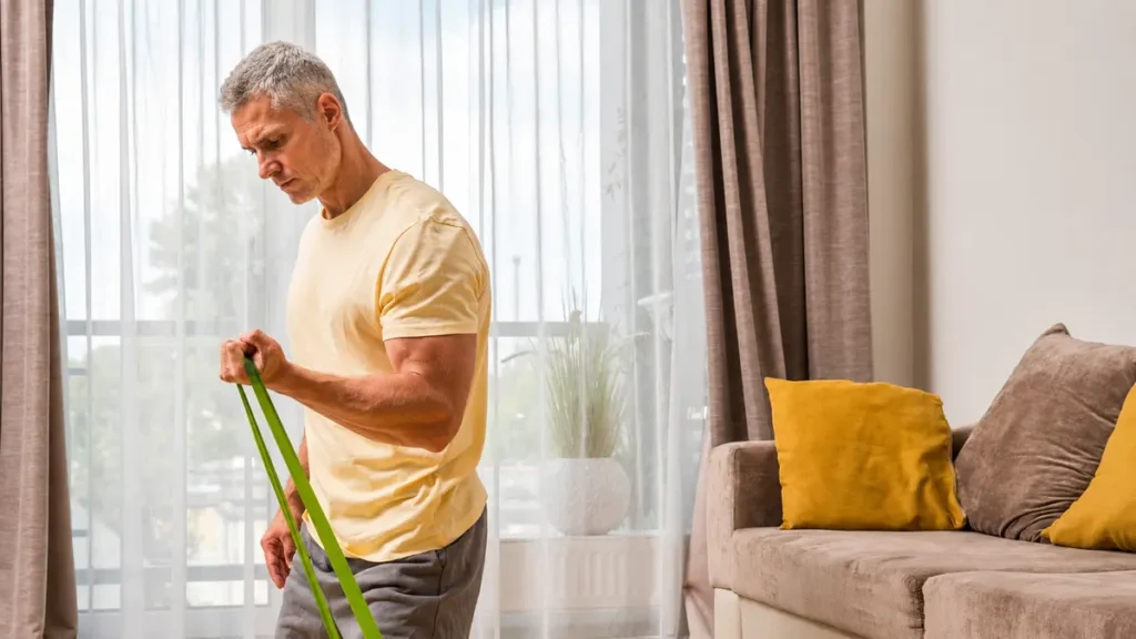 A fit older man performing a slow controlled resistance band exercise at home with focused form to build muscle through mechanical tension.