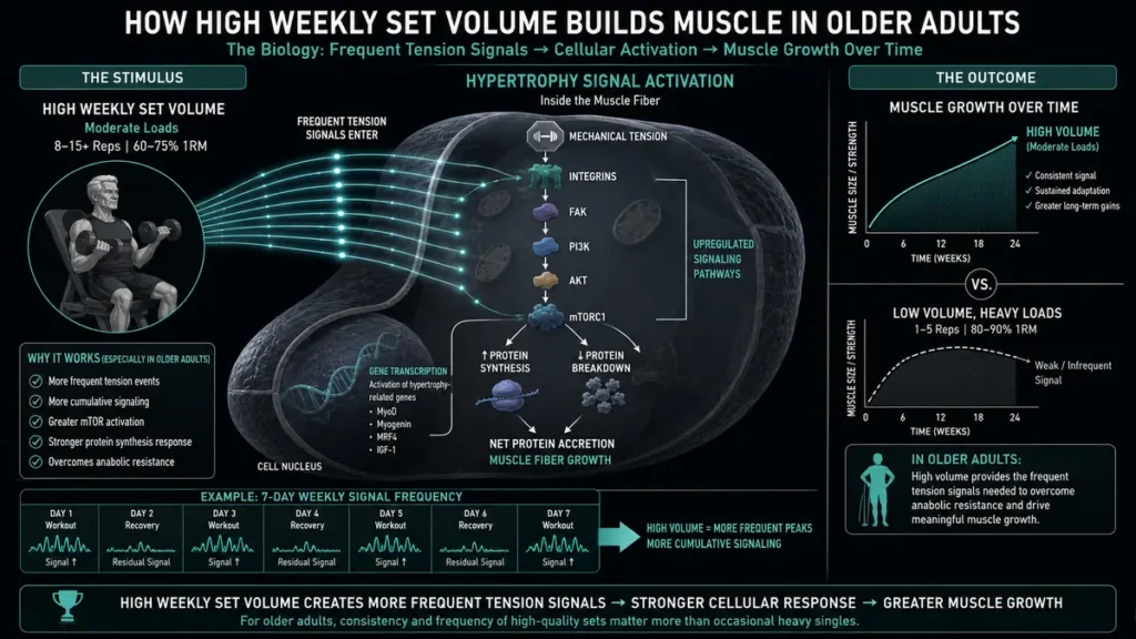 Diagram of muscle fiber hypertrophy activation demonstrating how high weekly set volume converts mechanical tension into protein synthesis via the mTORC1 signaling pathway.