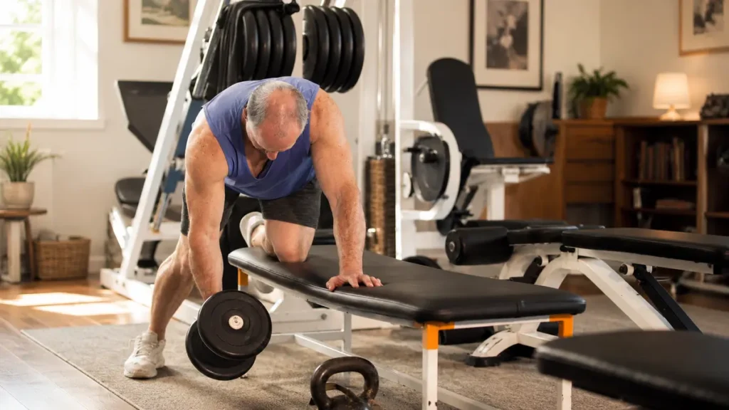 A mature man demonstrating proper flat-back form during a single-arm dumbbell row exercise on a workout bench at home.