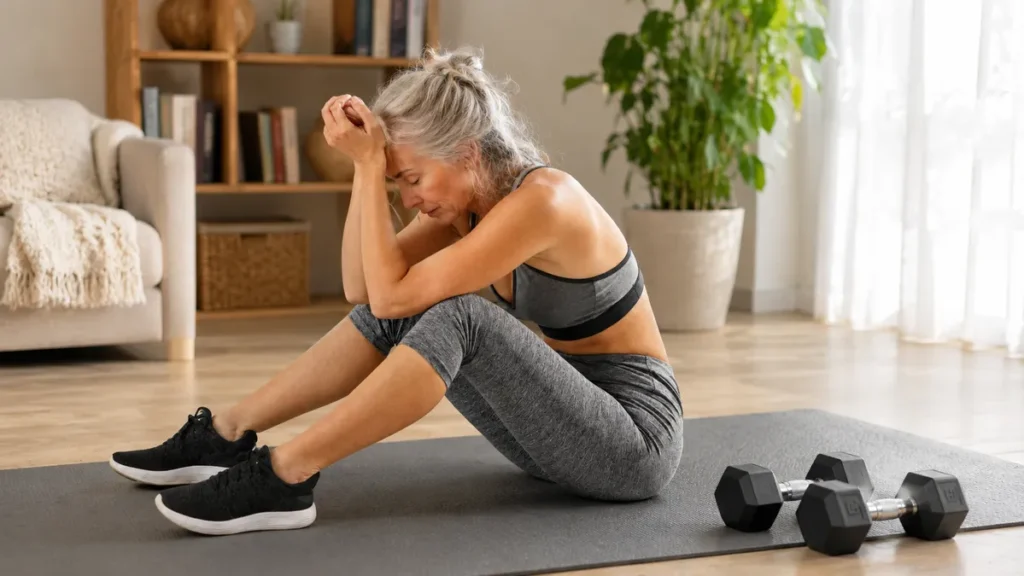 A mature woman rests on a home workout mat to address plateaued protein synthesis older adults experience despite high training consistency.