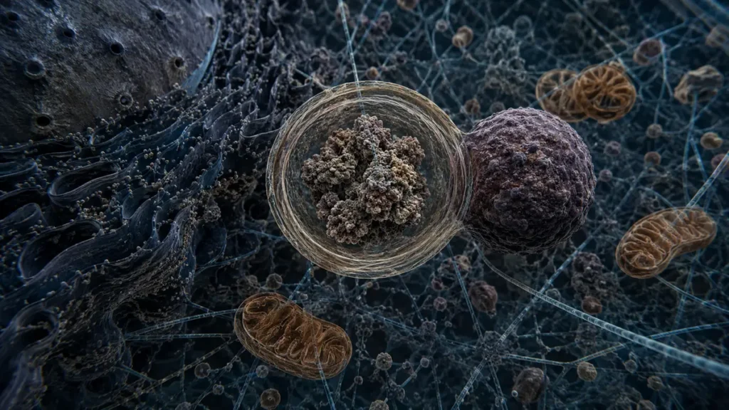 Cross-section illustration of a human cell showing autophagosome enclosing damaged proteins beside a lysosome, with mitochondria and cytoskeletal filaments visible.