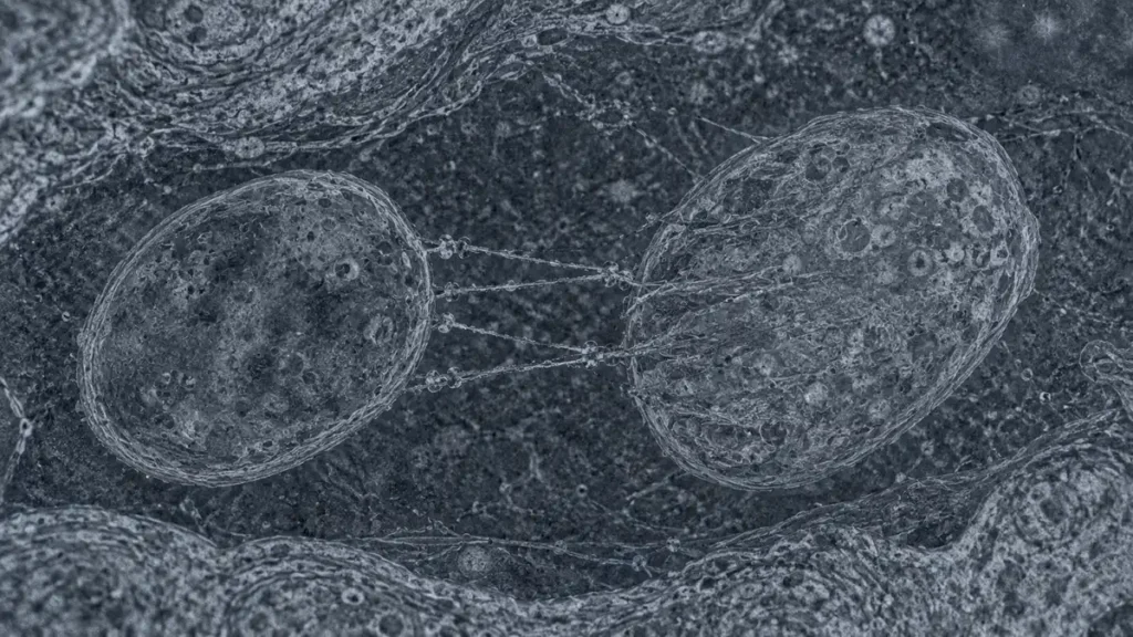Electron microscopy style image of two cell organelles linked by motor protein filaments, illustrating autophagy decline in aging cells.