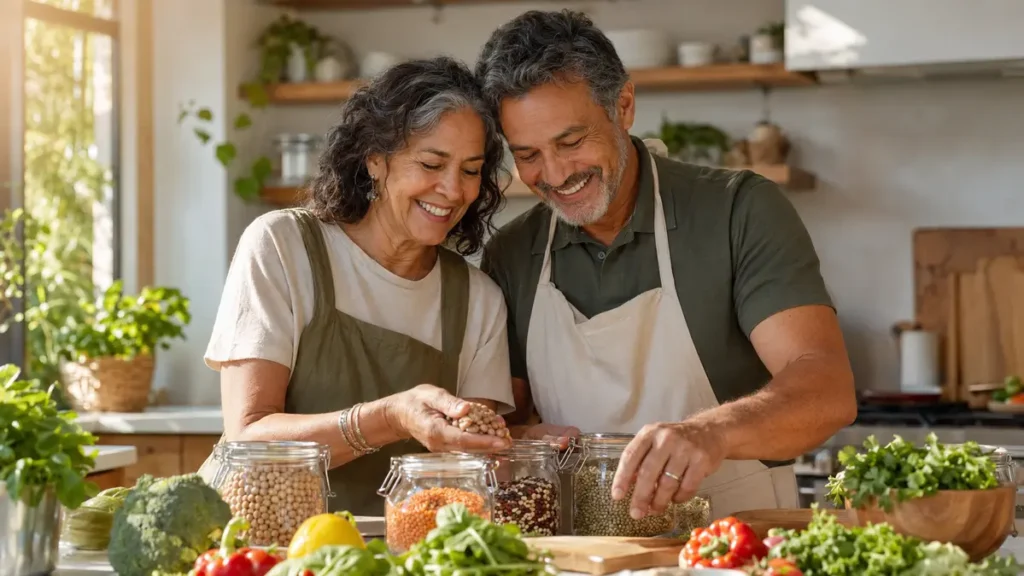 Mature Hispanic couple smiling while combining lentils and legumes from glass jars to optimize their amino acid profile.