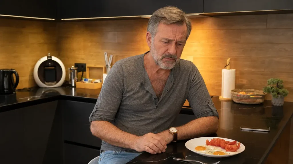 Mature man looking down at a breakfast plate of fried eggs with a discouraged expression while experiencing sarcopenia symptoms.