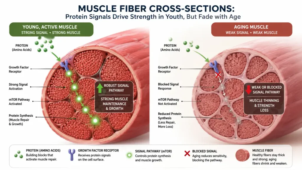Diagram of muscle fiber cross-sections demonstrating how a blocked signal pathway limits protein synthesis in aging muscle tissue compared to a robust signal pathway in youth.