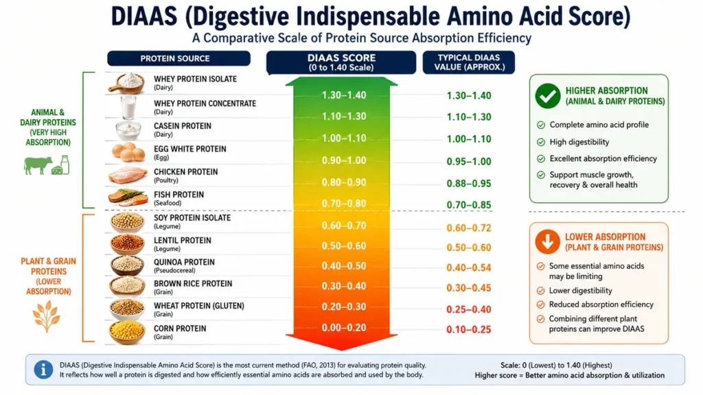 Diagram of a DIAAS comparative scale displaying protein absorption efficiency to show how different sources impact muscle protein synthesis targets.