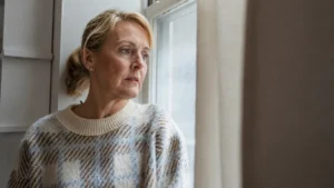 Mature woman looking out a bedroom window with a thoughtful expression while managing perimenopause mood changes misdiagnosed as primary anxiety.