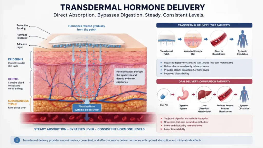 Diagram showing transdermal estrogen absorption through skin layers into bloodstream, bypassing liver metabolism for steady hormone levels.