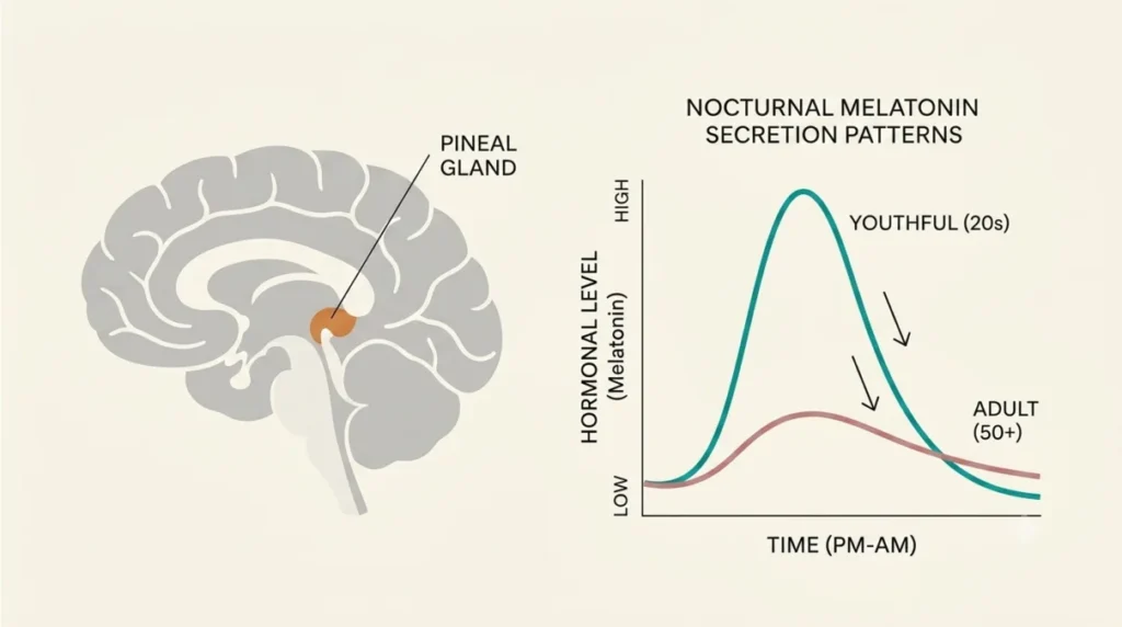 Anatomical diagram of nocturnal melatonin secretion patterns demonstrating a stark decline in peak nightly hormone release past age 50, with a highlighted brain silhouette pointing to the pineal gland alongside comparative line graphs and downward trend arrows.