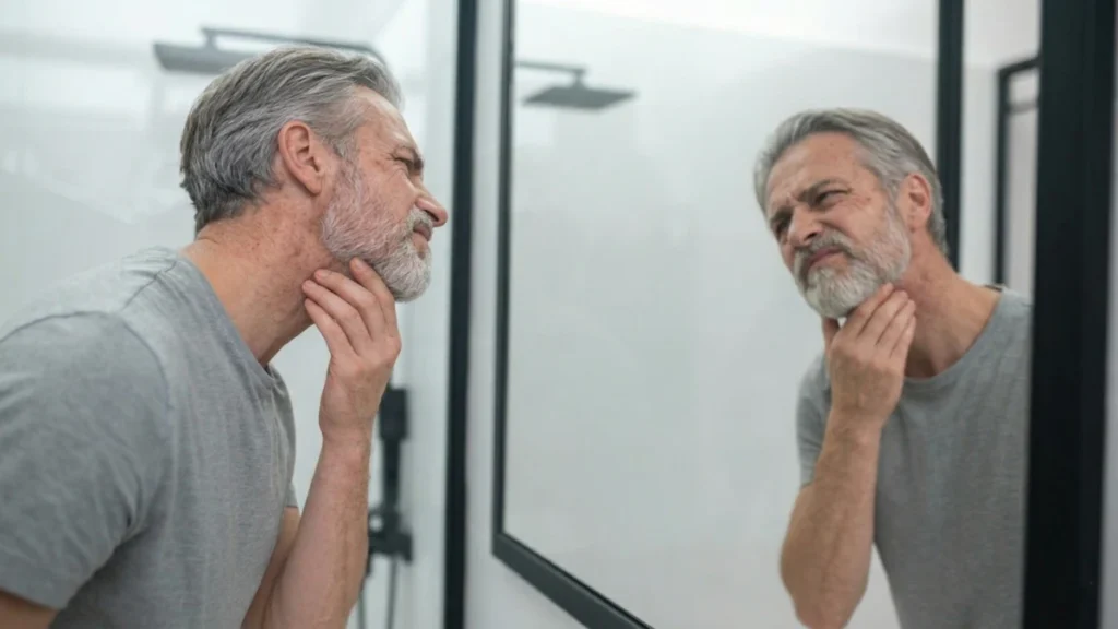 Mature man looking in a bathroom mirror with a pained expression while testing his neck flexibility against early morning joint resistance.