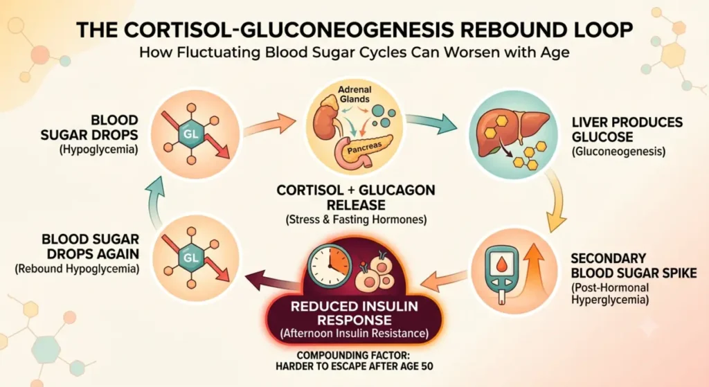 Circular loop diagram of the cortisol-gluconeogenesis rebound cycle showing six stages from blood sugar drop through cortisol release, liver glucose production, secondary spike, and reduced afternoon insulin response, with the compounding insulin resistance factor highlighted as harder to escape after 50.