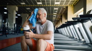 A fatigued older man wiping sweat with a blue towel while taking a break from building muscle after 50.
