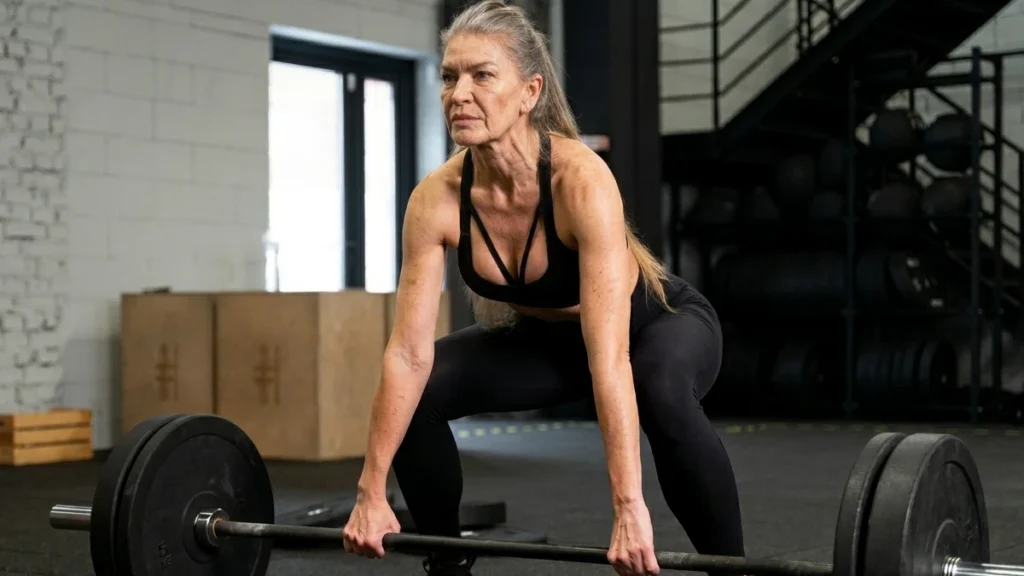 A mature woman with gray hair maintaining a focused posture while preparing to lift a heavy barbell during a strenuous gym session.
