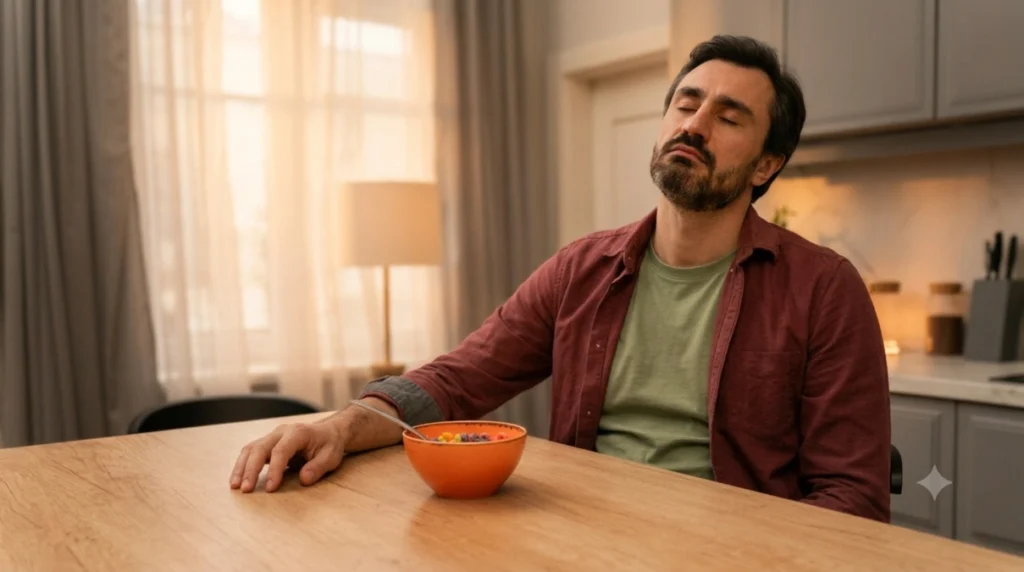 Mature man sitting at a kitchen table with his eyes closed to rest during a sudden wave of midday brain fog.