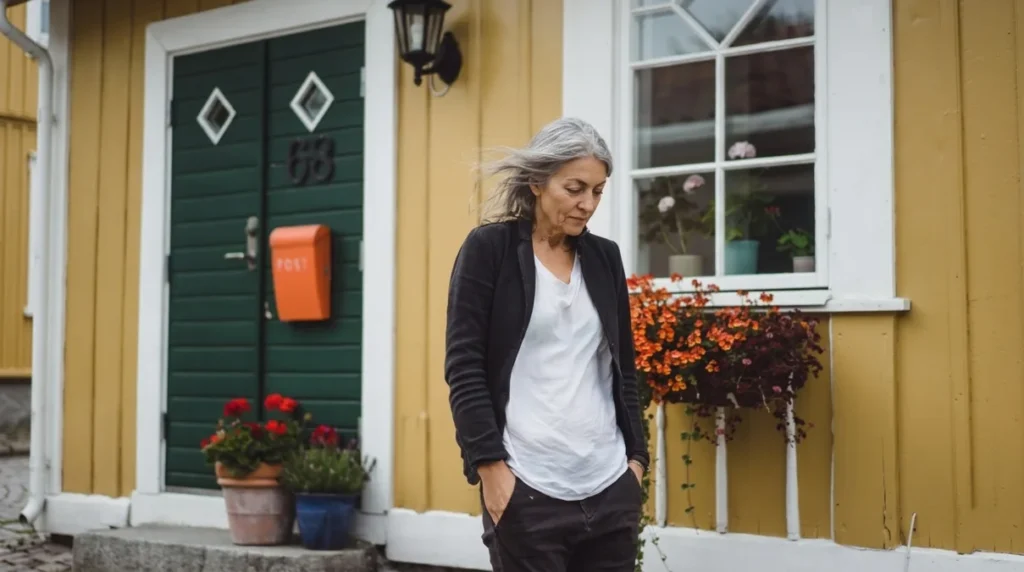 Mature woman in her early 60s walking at an easy pace outside a residential home in casual everyday clothing, illustrating the post-meal walking habit that activates contraction-mediated glucose uptake without requiring athletic effort.