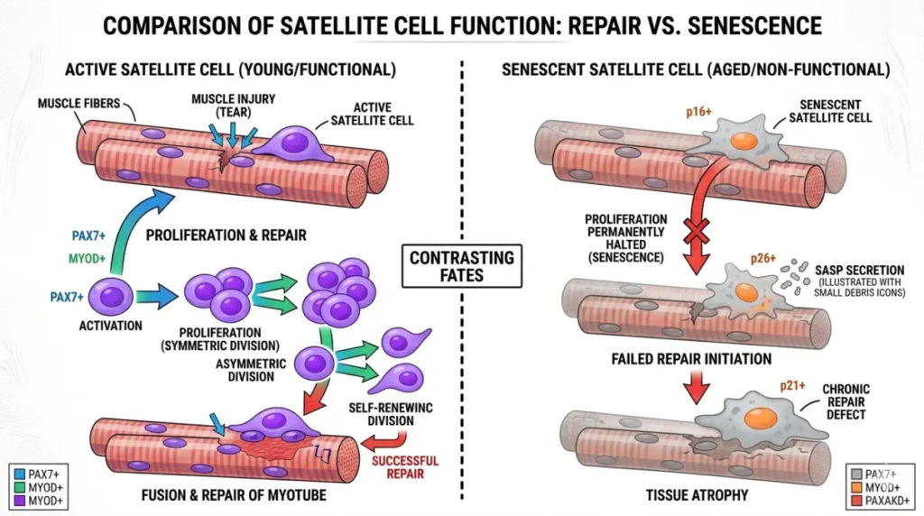 Diagram of satellite cell activation demonstrating how active stem cells repair torn muscle fibers compared to the irreversible halt of cellular senescence, with arrows indicating the blocked repair pathway in aging tissue.