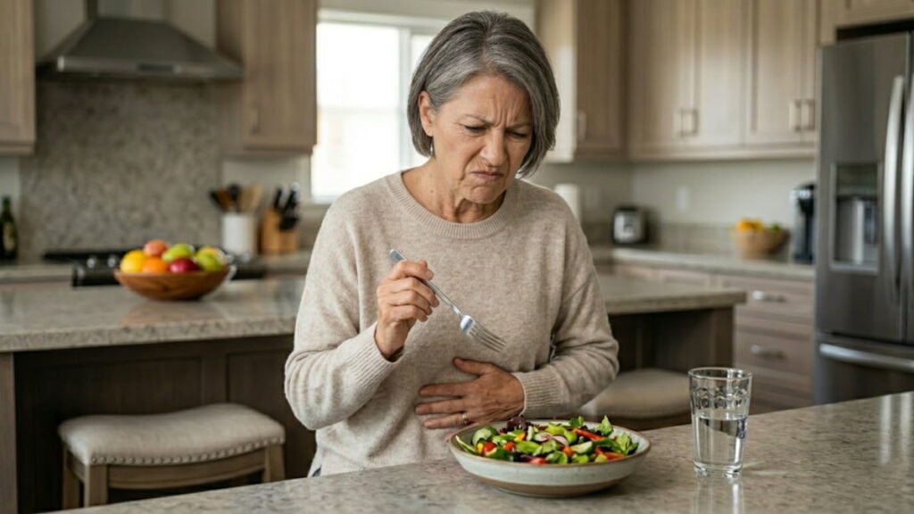 Mature woman experiencing a bloated sensation after healthy meals over 50, looking down at her stomach with a frustrated expression while holding a fork over a fresh salad.