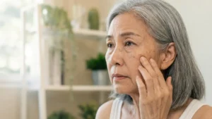 Asian woman over 50 pressing fingertips to her cheekbone in natural light, examining skin dullness and texture changes linked to sugar and skin aging after 50.