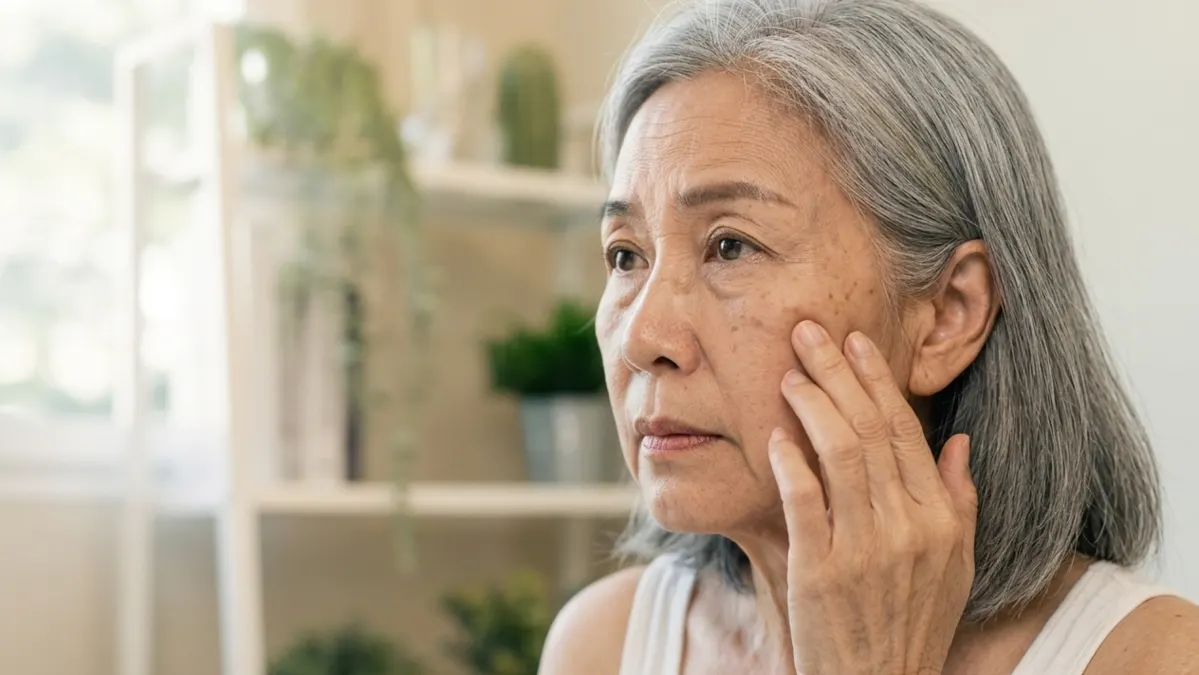 Asian woman over 50 pressing fingertips to her cheekbone in natural light, examining skin dullness and texture changes linked to sugar and skin aging after 50.