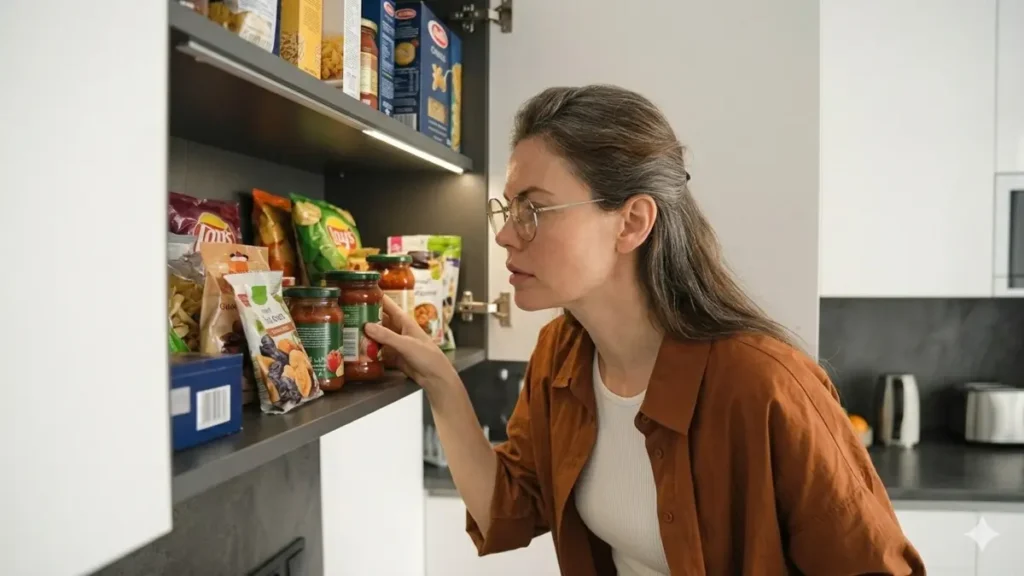 Mature woman with graying hair looking intently into an open kitchen cabinet during a morning hunger craving, illustrating the need for proactive cortisol management.