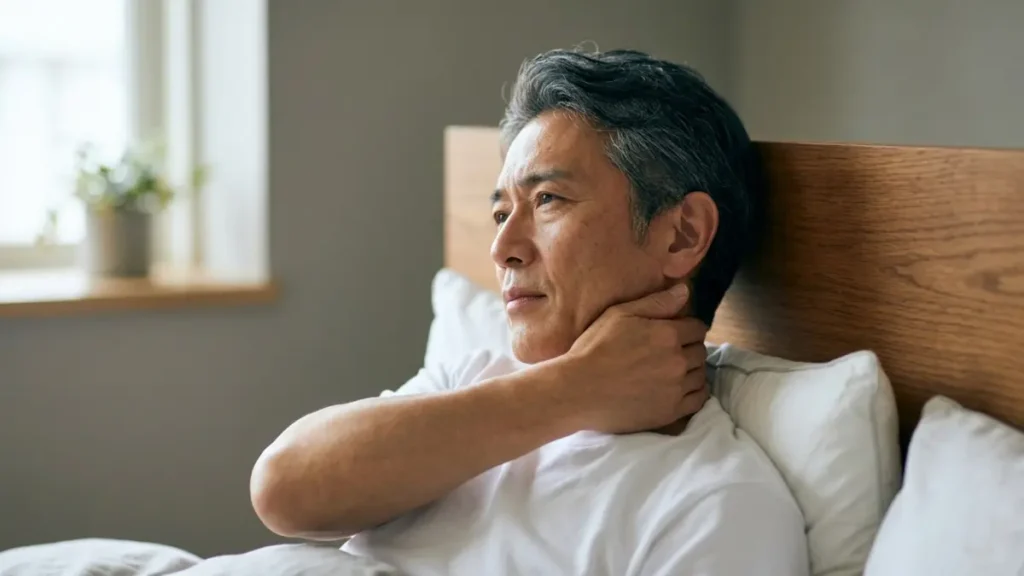 Mature man leaning against a bedroom headboard rubbing the base of his skull to alleviate discomfort from cervical disc degeneration.
