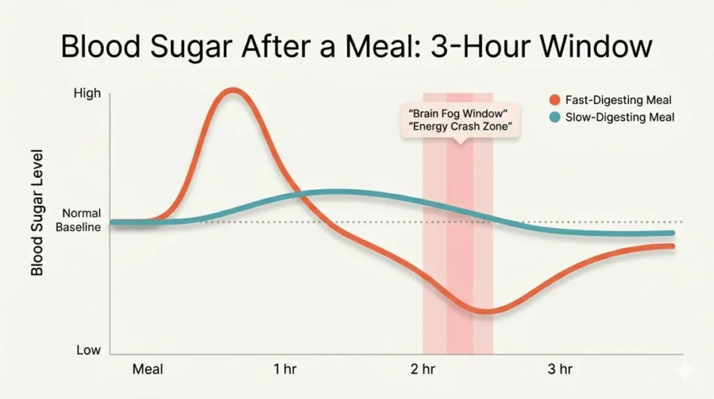 Line graph of post-meal blood sugar levels demonstrating a rapid blood sugar spike and crash, with a highlighted brain fog window label.