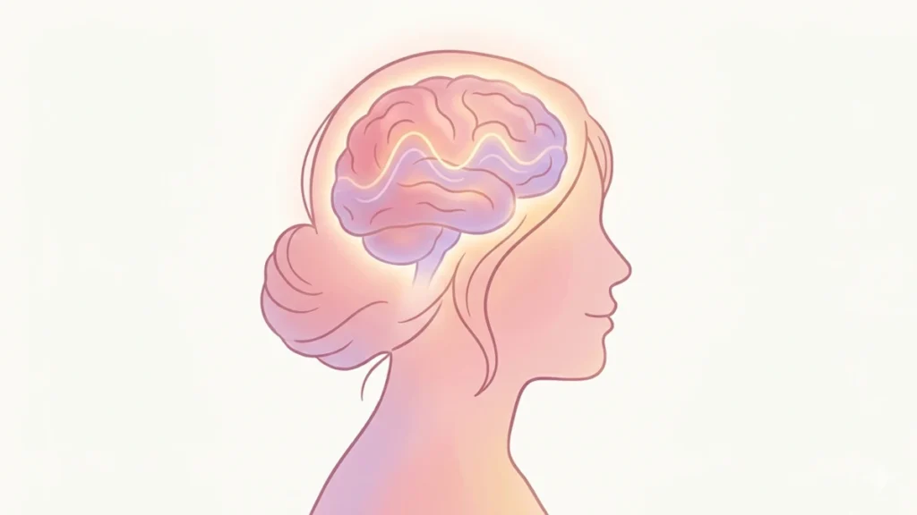 Illustration of a woman's brain glowing with soft warm light, representing hormone-driven mood signal disruption during perimenopause.